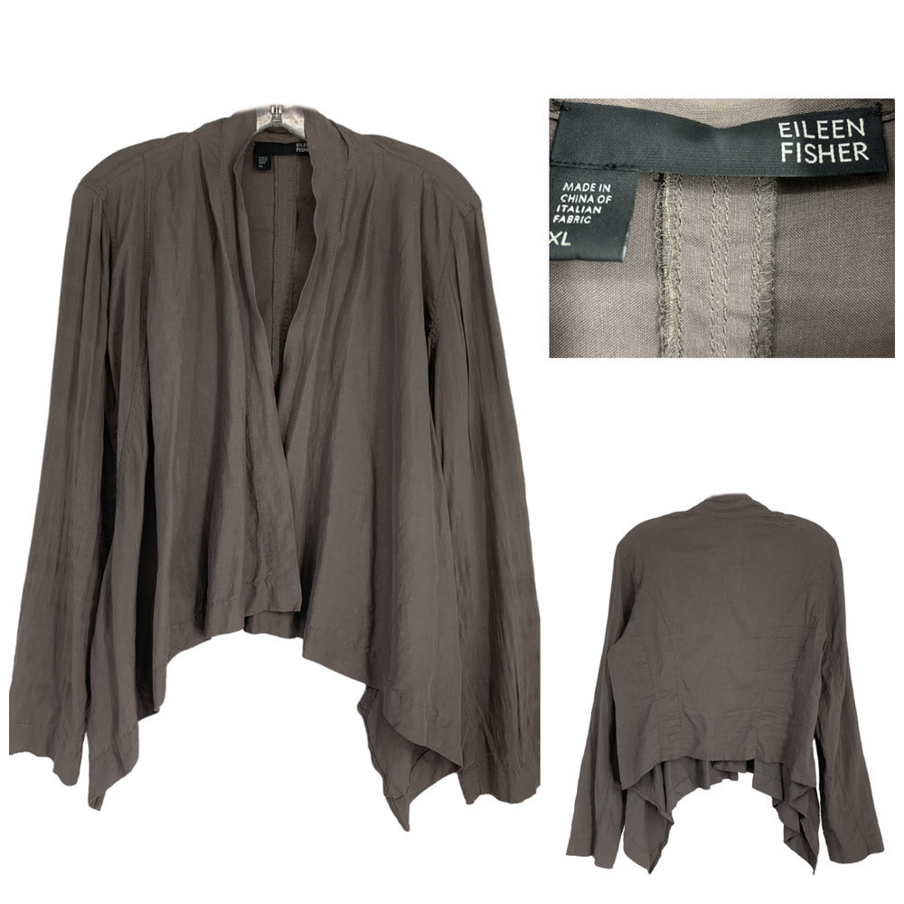 Eileen Fisher Sz XL Gray Linen Viscose Topper Waterfall Open Front Jacket S1VX-1